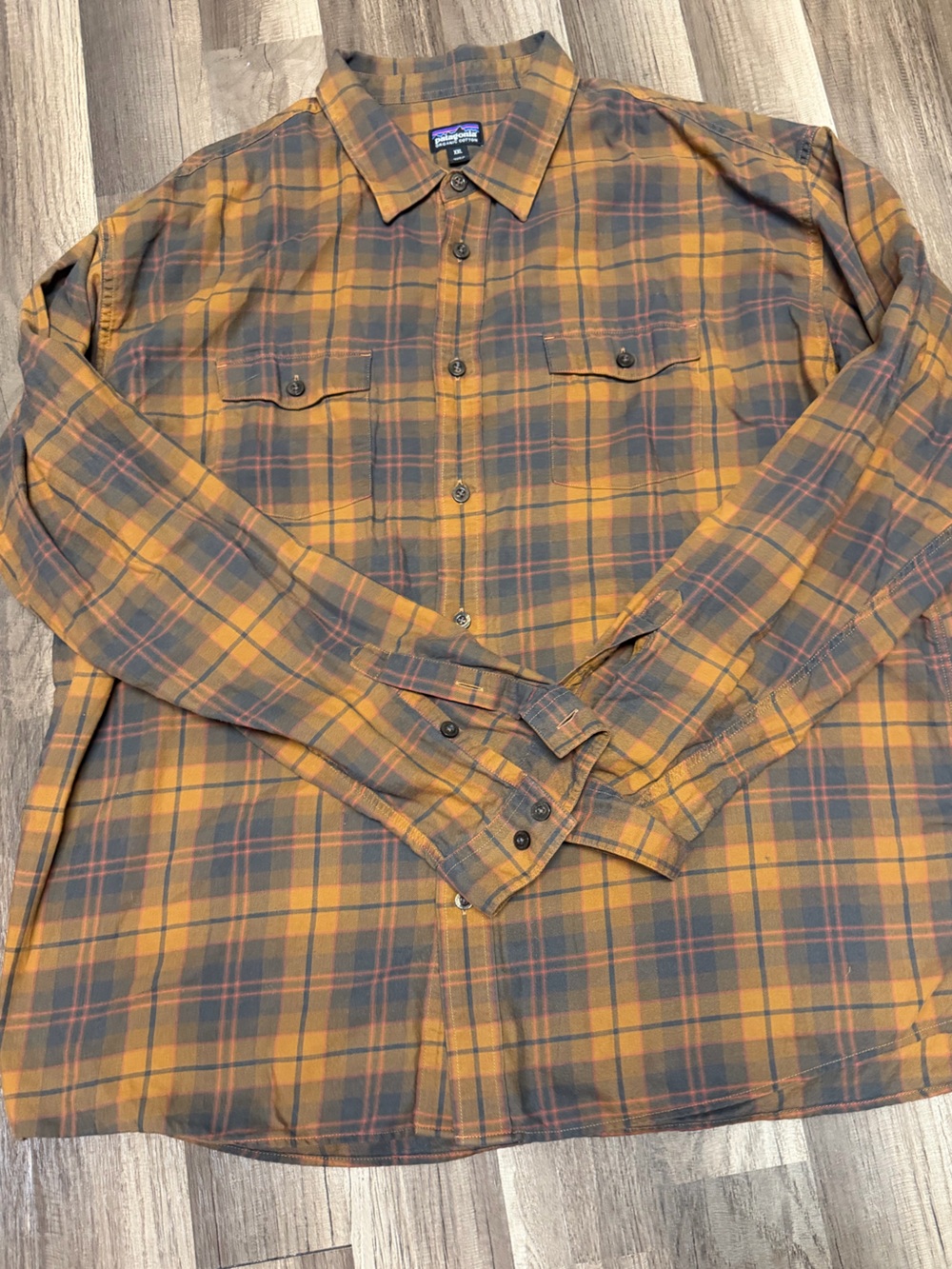 Patagonia Men's Mustard and Gray Plaid Button-Down Shirt